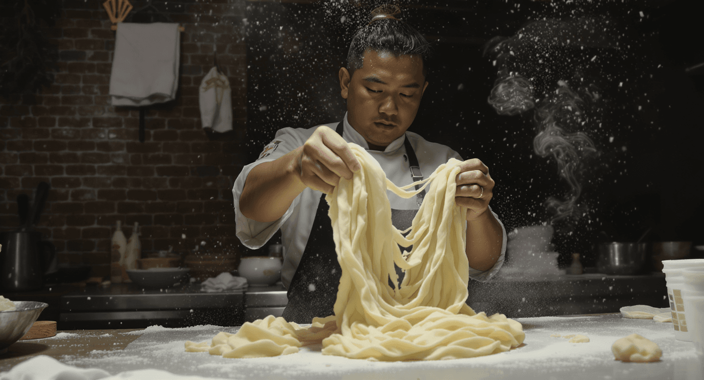 Chef preparing hand-pulled noodles